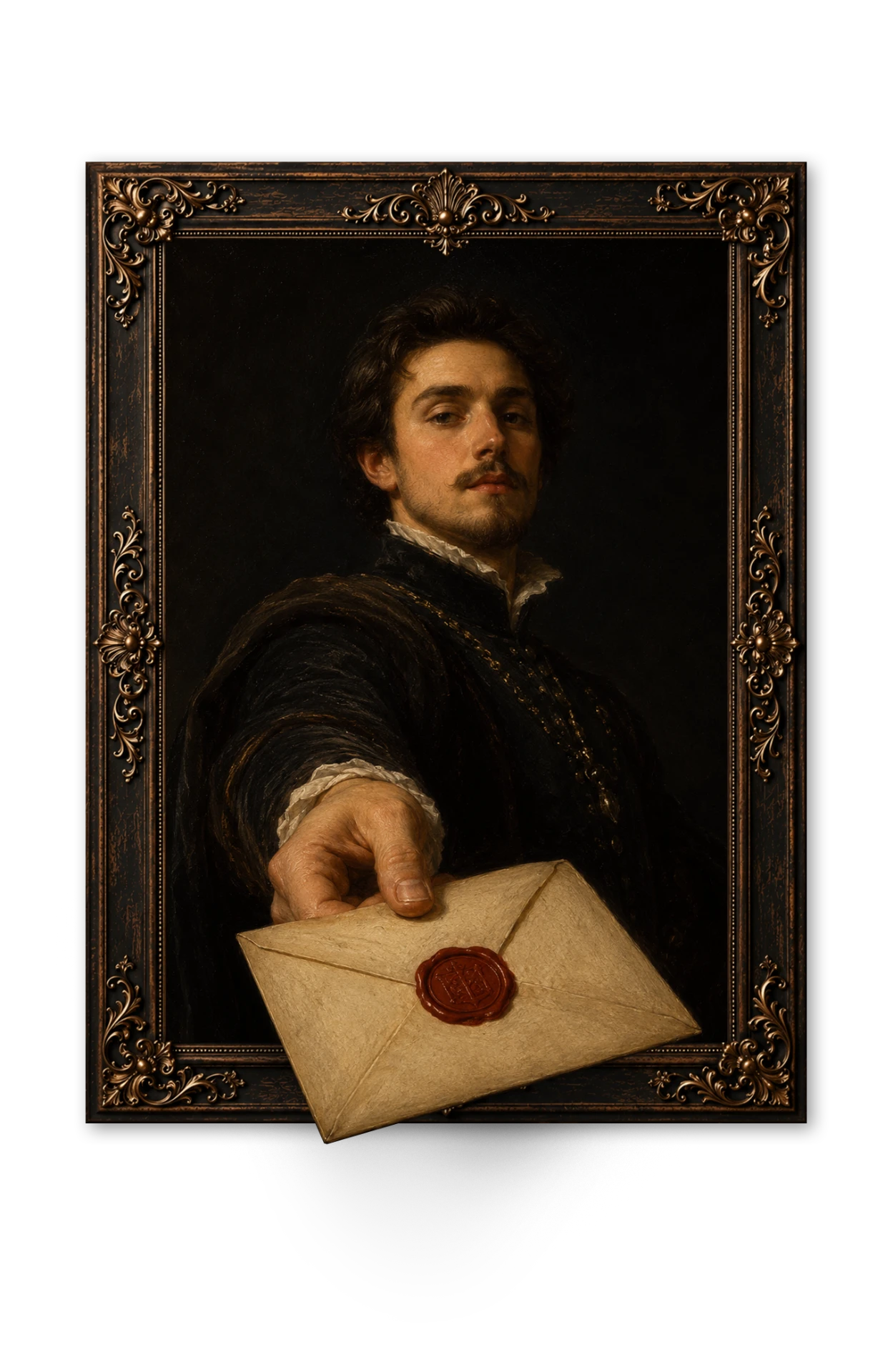 Framed oil portrait of a courier offering a wax-sealed letter